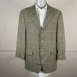 Ralph Lauren Sport Coat Blazer Mens 41R Silk Wool Linen Beige Windowpane Check